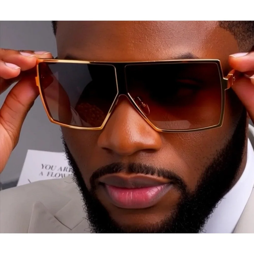 Oversized Square Sunglasses‎ Men Gold Frame Gradient Brown Lenses Fashion Shades